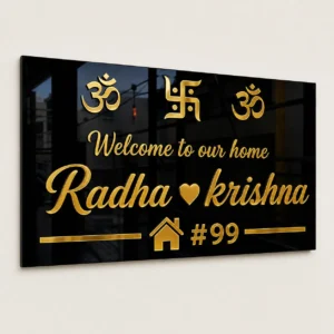 Custom acrylic house name plate with gold mirror finish, Hindu Om and Swastik design, handcrafted by Bright N Wall