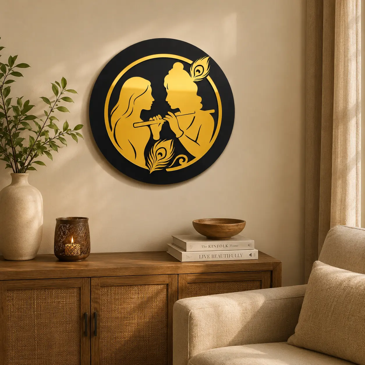 Premium Radha Krishna Black and Gold Acrylic Round Wall Art for Living Room Decor