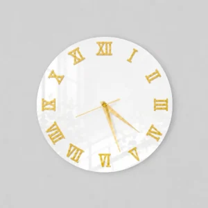 White acrylic Roman wall clock with gold Roman numerals and silent quartz movement, luxury wall décor for modern homes and offices.