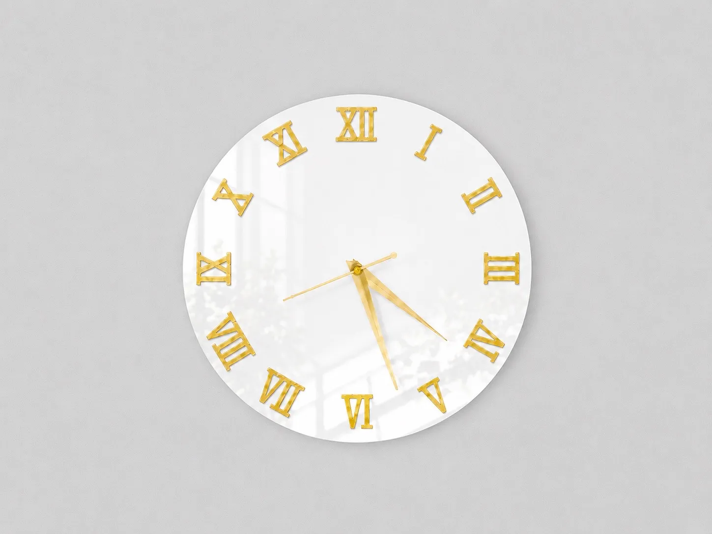 White Acrylic Roman Wall Clock with Gold Roman Numerals