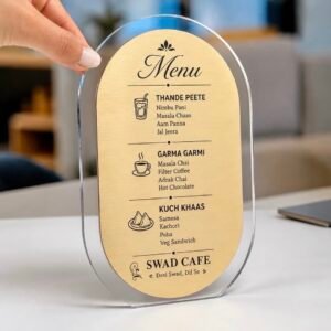 Custom laser-cut acrylic menu stand for branded display corporate gift award certificate board by Bright N Wall®
