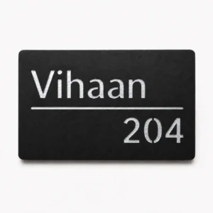 Personalised hollow-cut acrylic name plate with matte black 2 mm top layer and shiny brushed silver 1.5 mm ABS backing