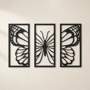 Three-panel butterfly wall art in matte black 5 mm MDF