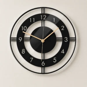 Modern full numeral wall clock with border-to-border 3 mm clear acrylic base and 2 mm glossy black acrylic top