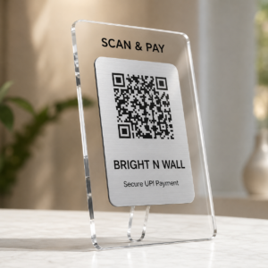 Personalized silver ABS QR code payment stand with 5 mm clear acrylic base