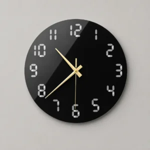 Glossy black 3 mm acrylic digital number wall clock with silver numerals and gold hands front view