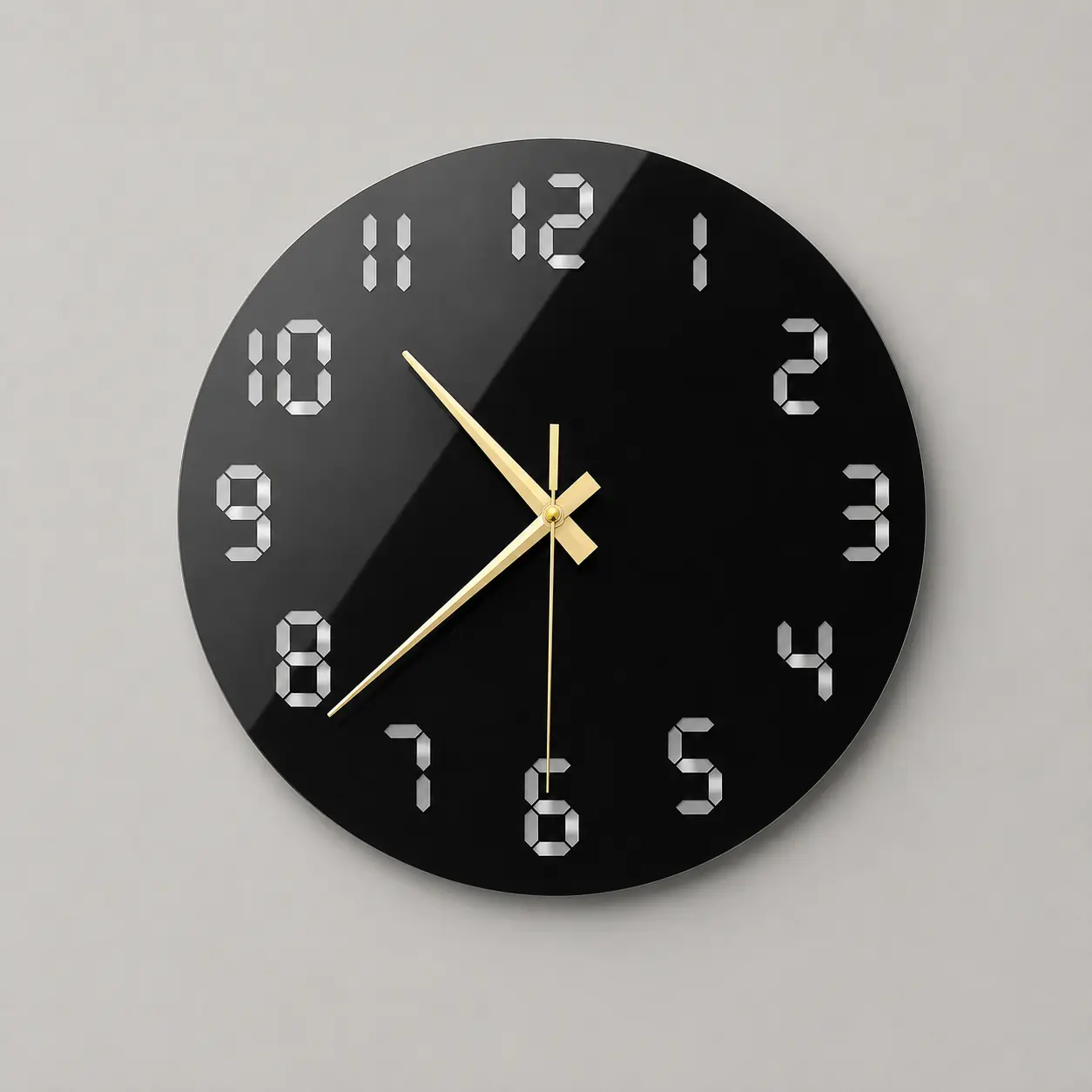 Glossy black 3 mm acrylic digital number wall clock with silver numerals and gold hands front view