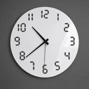 Glossy white single-sheet 3 mm acrylic wall clock with genuine hollow laser-cut digital numerals front view