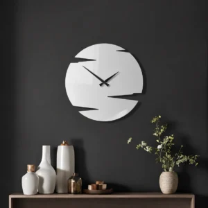 Minimalist glossy white 3 mm acrylic designer wall clock with black hands front view