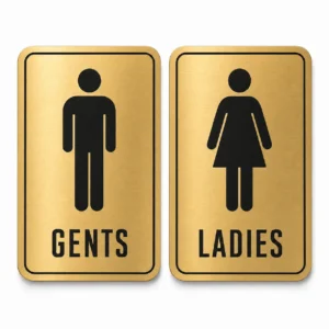 Brushed gold Gents and Ladies restroom sign set with rounded corners