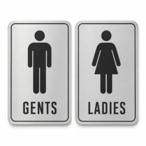 Brushed silver Gents and Ladies restroom sign set with rounded corners