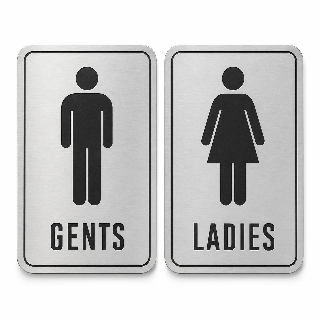 Brushed silver Gents and Ladies restroom sign set with rounded corners