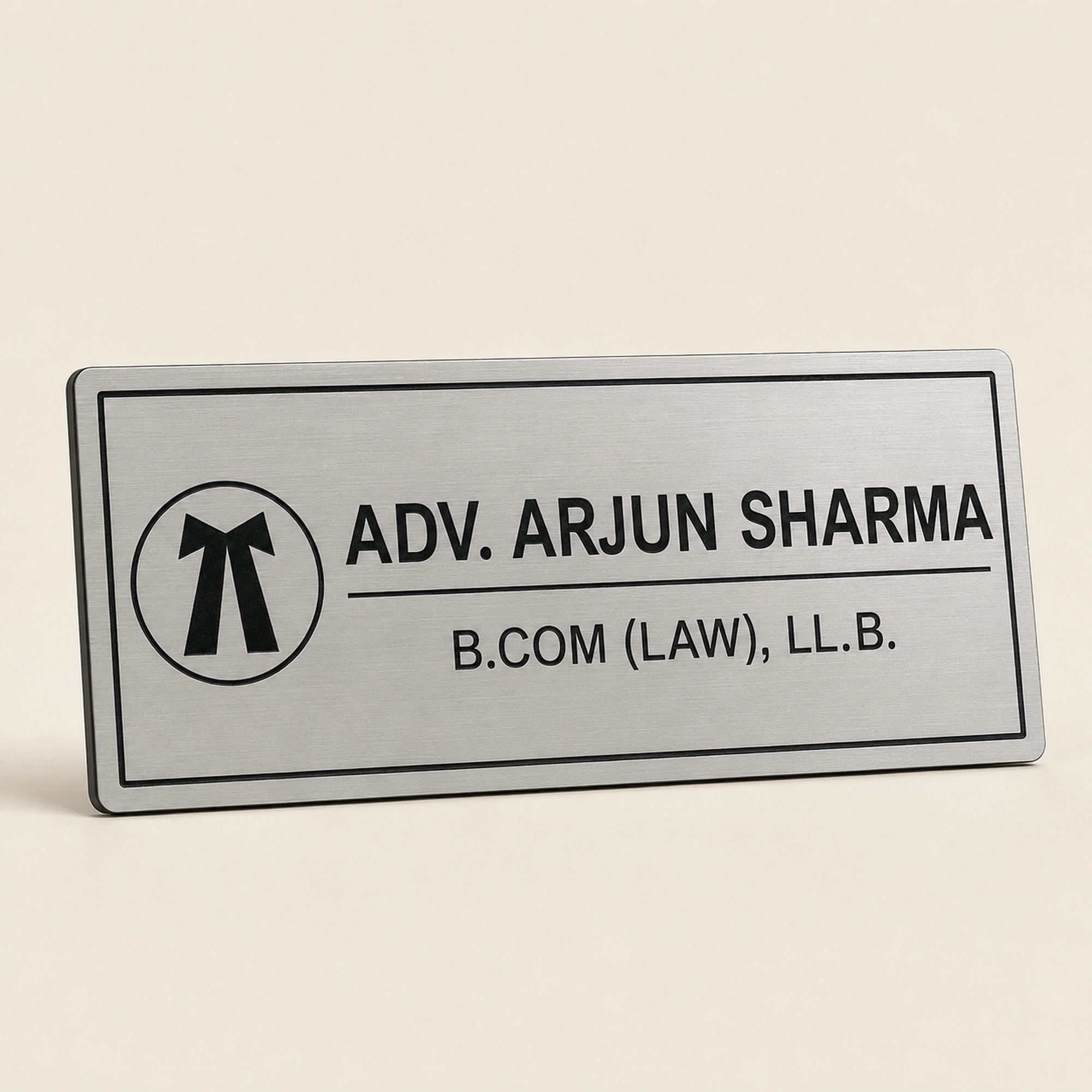 Personalised brushed silver advocate name plate with Adv. Arjun Sharma engraving