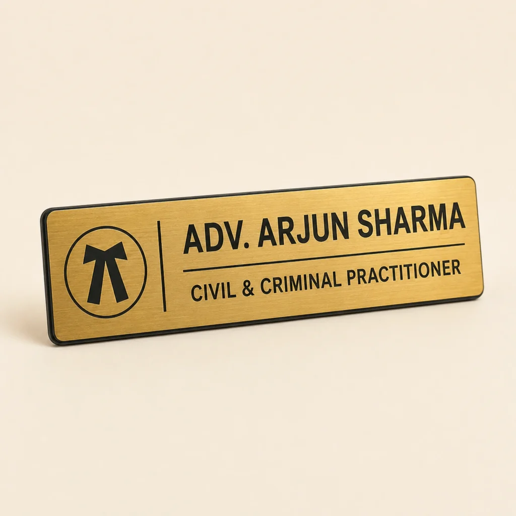 Personalised brushed-gold advocate office name plate with black engraving, front view