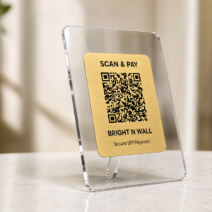 Personalized gold ABS QR code payment stand with 5 mm clear acrylic base