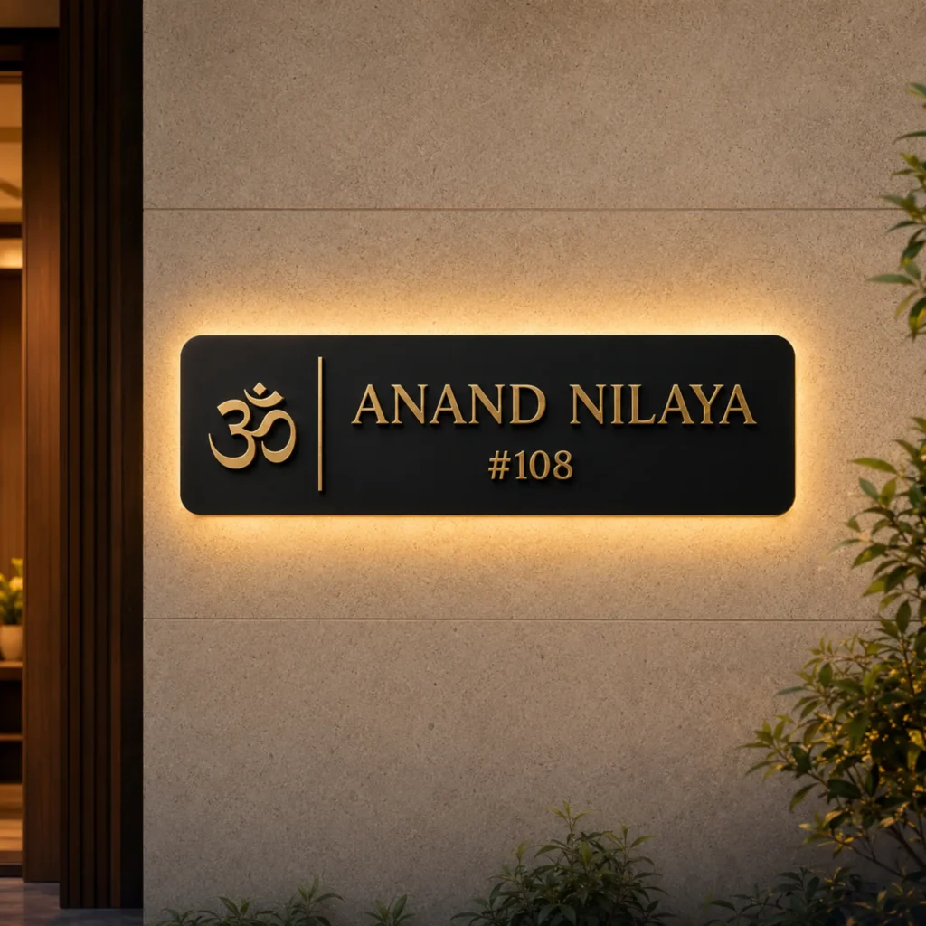 Personalized black and gold LED villa name plate with warm backlight