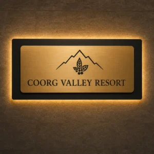 Custom brushed gold engraved LED resort reception sign with warm backlight