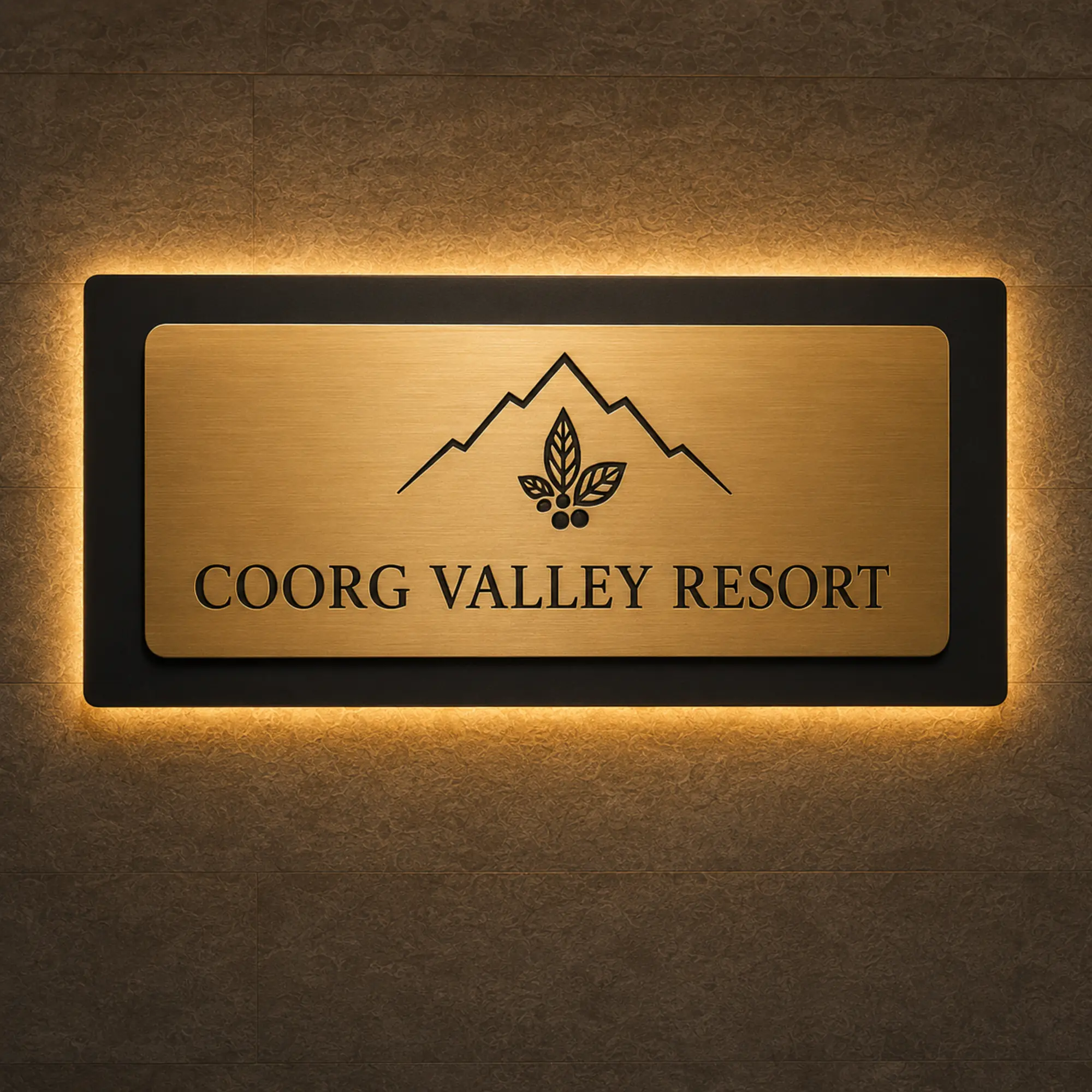Custom brushed gold engraved LED resort reception sign with warm backlight