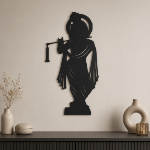 Lord Krishna Flute MDF wall art in Black finish on an interior wall