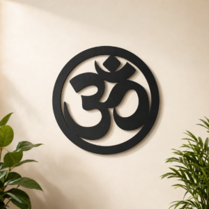 Om Circle MDF wall art in Black finish on an interior wall