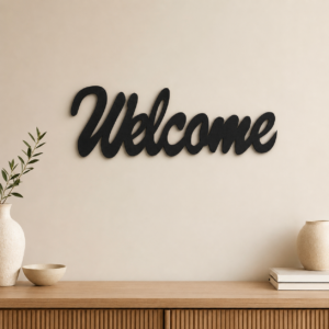 Welcome Script MDF wall art in Black finish on an interior wall