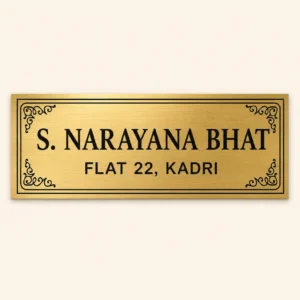 Front hero view of personalised classic ornate border brushed gold abs name plate with black engraving and 3M tape mounting