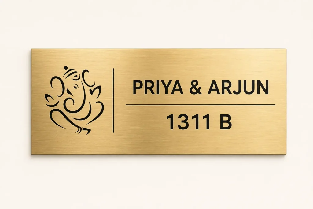 Personalised Minimal Ganesha brushed-gold ABS name plate for home, front view
