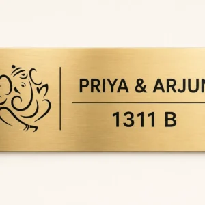 Personalised Minimal Ganesha brushed-gold ABS name plate for home, front view
