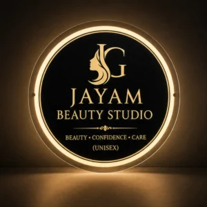 Custom round acrylic LED light box sign board illuminated with warm white light, hero view