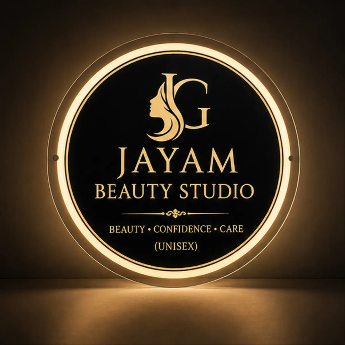 Custom round acrylic LED light box sign board illuminated with warm white light, hero view