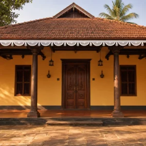 Traditional Rainbow Arch CNC PVC roof border installed on a bright royal wooden Kerala-style house