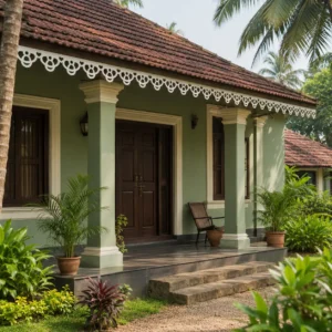 Royal Floral Loop CNC PVC roof border installed on a bright royal wooden Kerala-style house