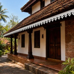 Heritage Spear Scroll CNC PVC roof border installed on a bright royal wooden Kerala-style house