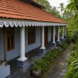 Coastal Wave Scroll CNC PVC roof border installed on a bright royal wooden Kerala-style house