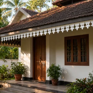 Classic Leaf Crown CNC PVC roof border installed on a bright royal wooden Kerala-style house