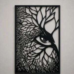 Intricate owl portrait wall art in matte black 5 mm MDF with black-and-white eye