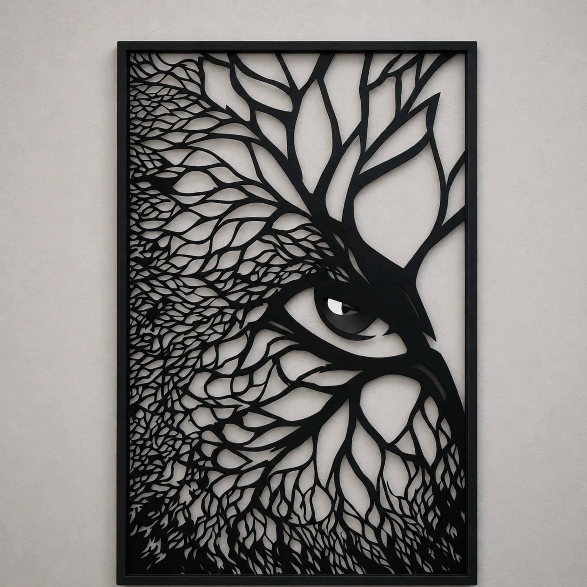 Intricate owl portrait wall art in matte black 5 mm MDF with black-and-white eye
