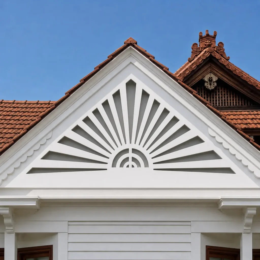 One-piece CNC router-cut white PVC gable jaali panel installed on a villa exterior