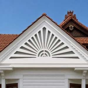 One-piece CNC router-cut white PVC gable jaali panel installed on a villa exterior