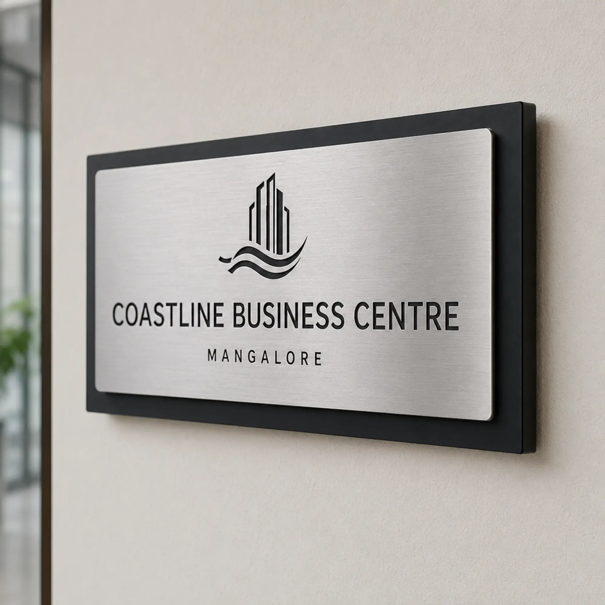 45 degree view of a non-LED brushed silver office reception sign