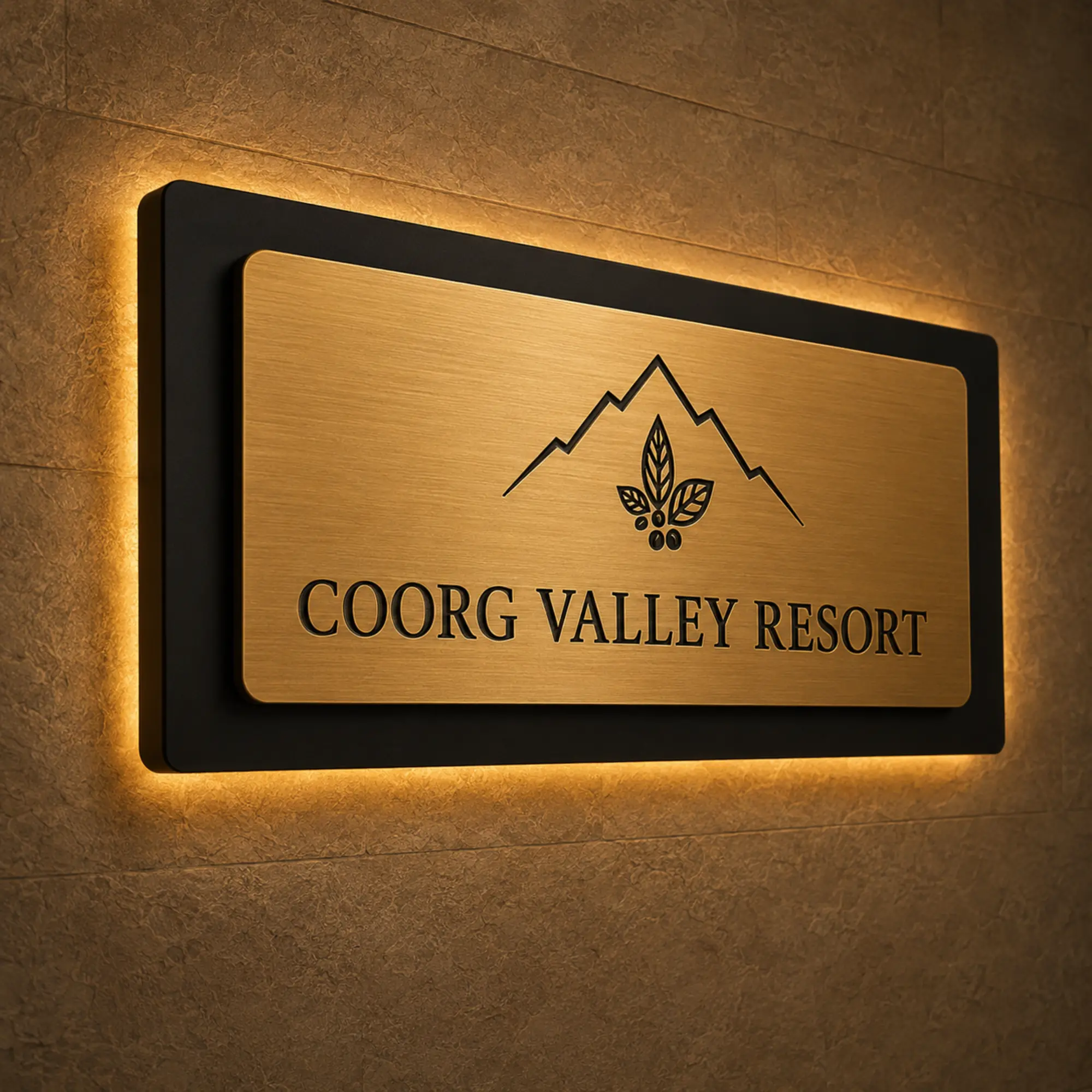 45 degree view of a brushed gold LED resort reception sign