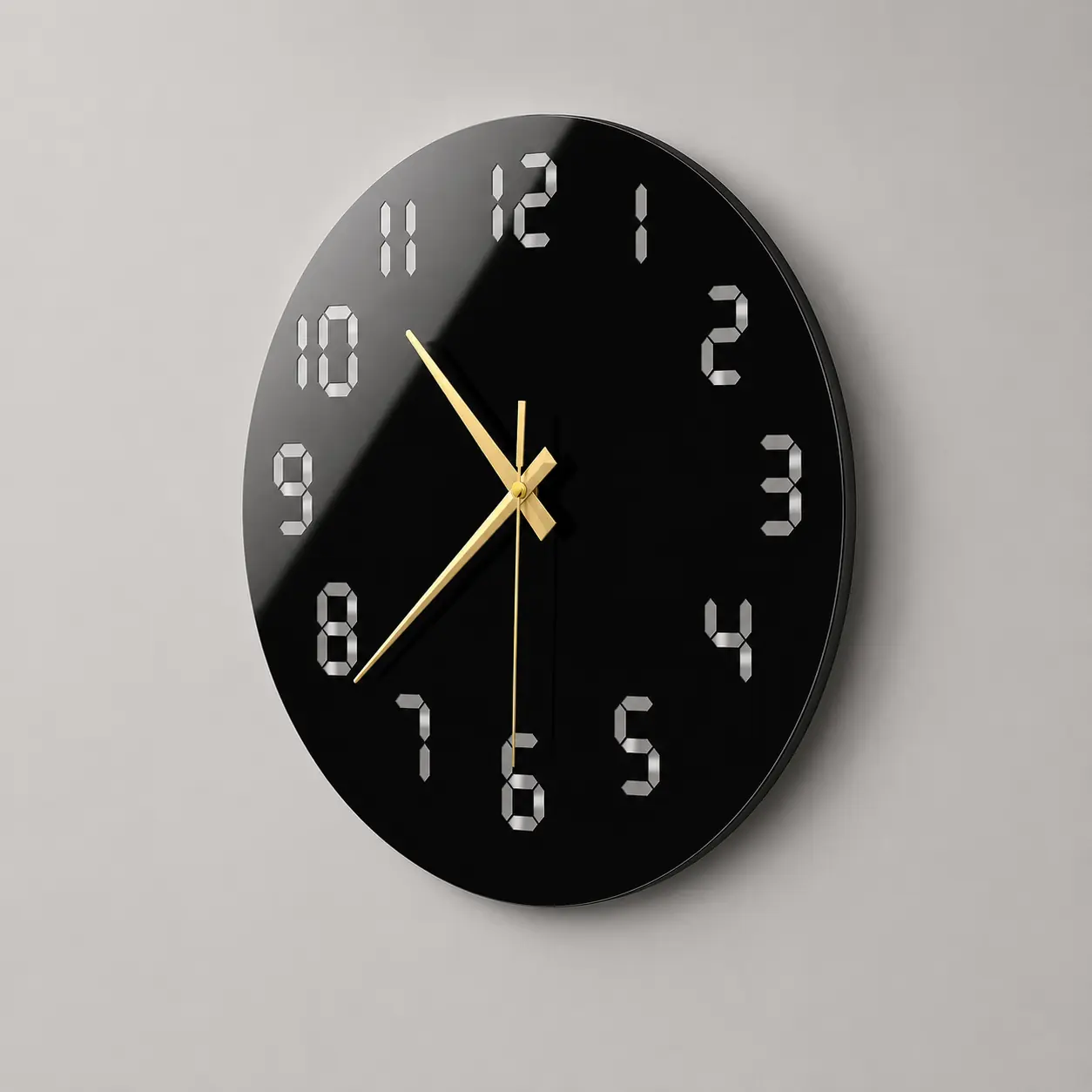 45-degree view of glossy black 3 mm acrylic wall clock showing polished edge and gold hands