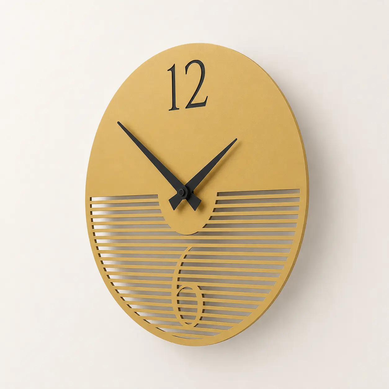 Golden Line-Cut Designer Acrylic Wall Clock 45-degree angle view showing the single-sheet 3 mm acrylic edge