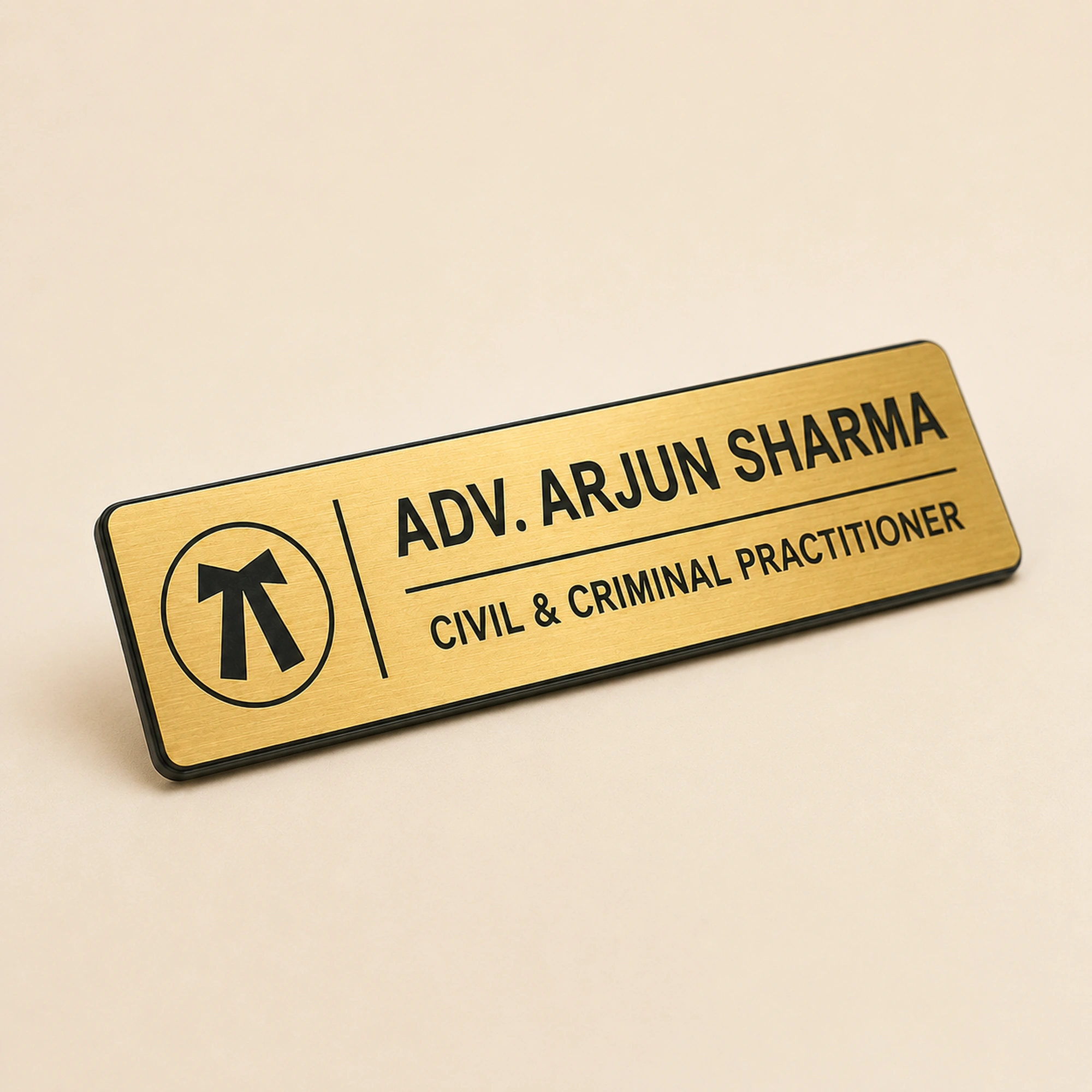 45-degree view of personalised brushed gold advocate name plate with acrylic base