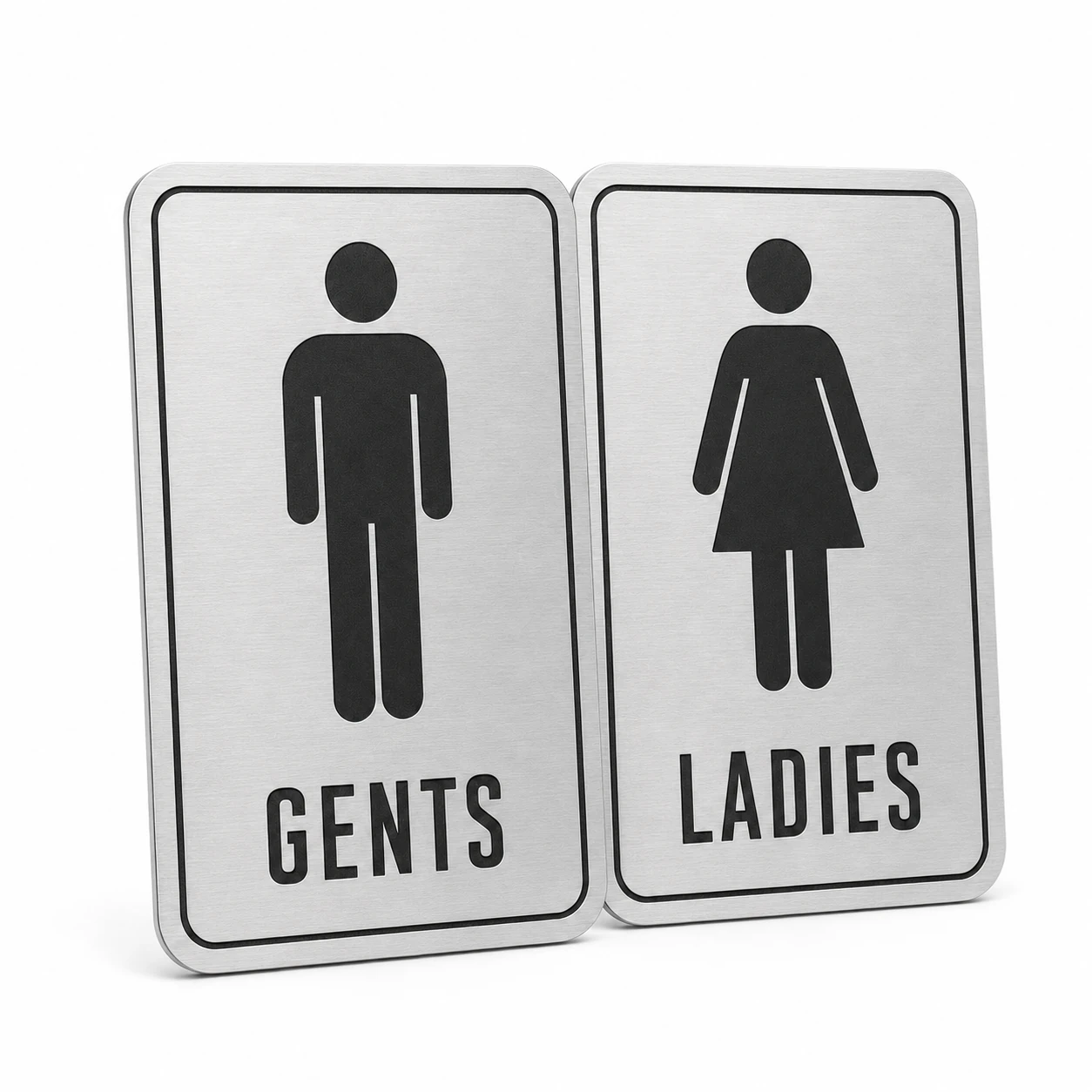 Angled view of brushed silver ABS Gents and Ladies restroom door signs