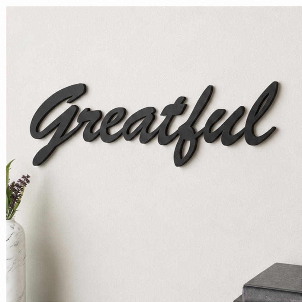 Angled view of Grateful cursive wall decor showing 5 mm MDF thickness