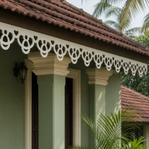 Close-up of Royal Floral Loop white CNC-cut PVC foam board roof border