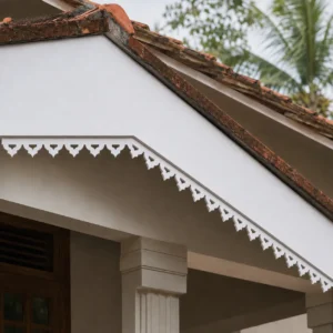 Close-up of Heritage Spear Scroll white CNC-cut PVC foam board roof border