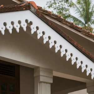 Close-up of Classic Leaf Crown white CNC-cut PVC foam board roof border