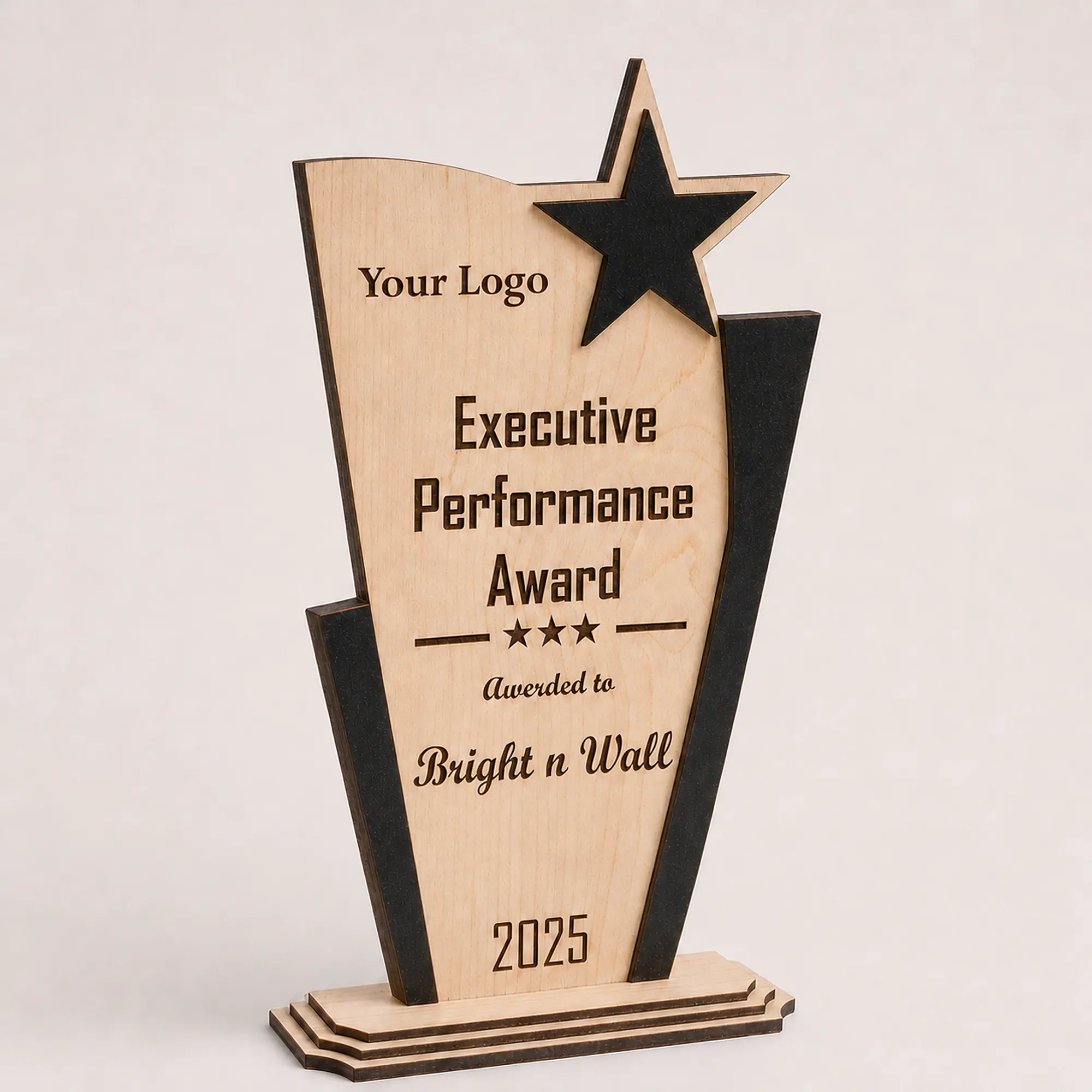 45-degree view of personalized Executive Performance Award showing 5 mm MDF construction